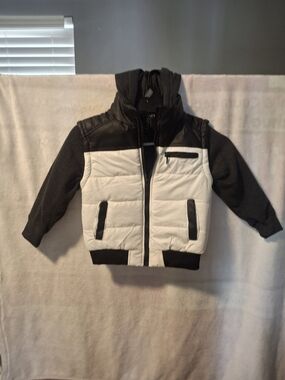 Boys Two-Tone Puffer Jacket with Hoodie - White & Black